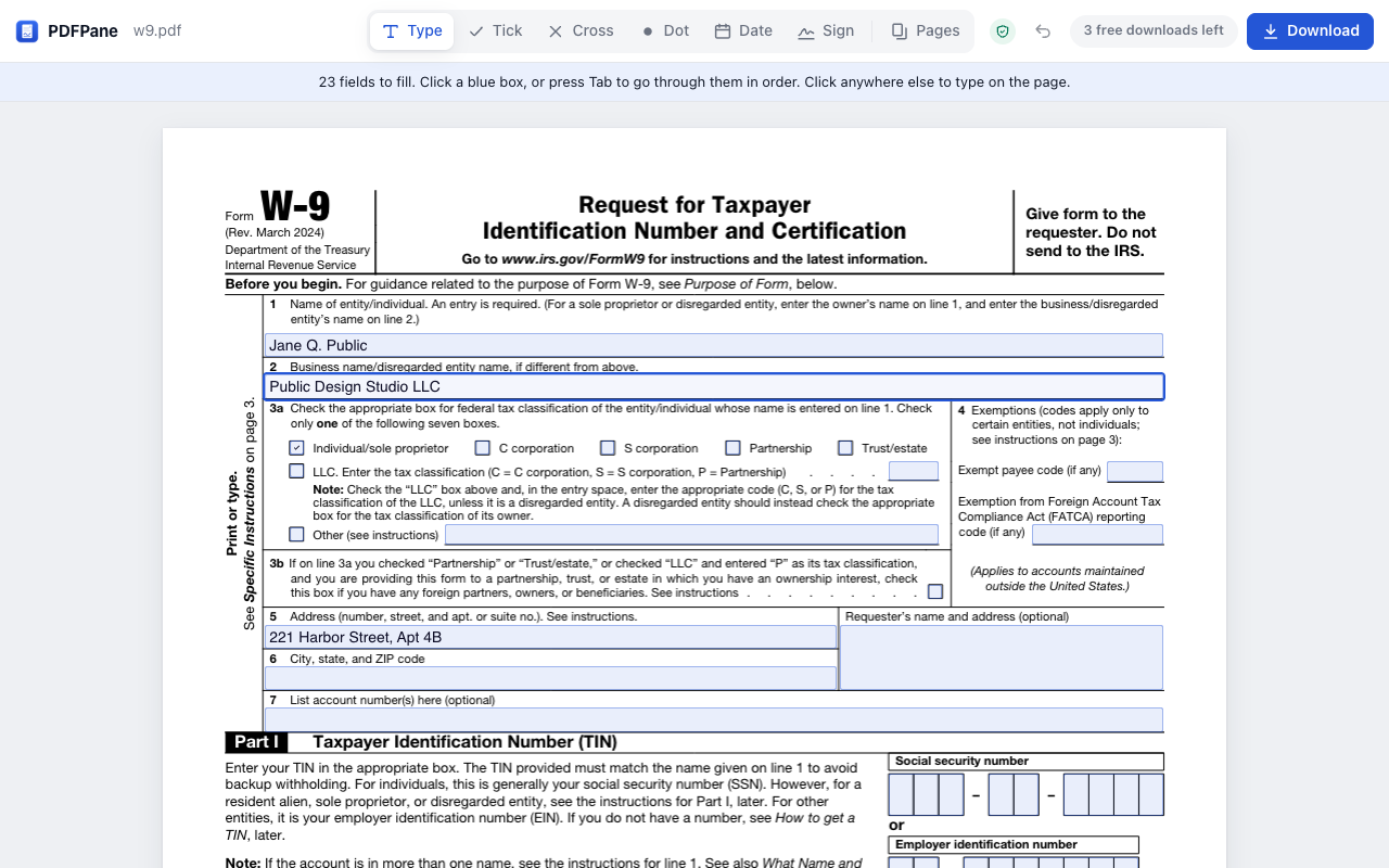 A tax form open in PDFPane, with its fields highlighted and a name typed into the first one